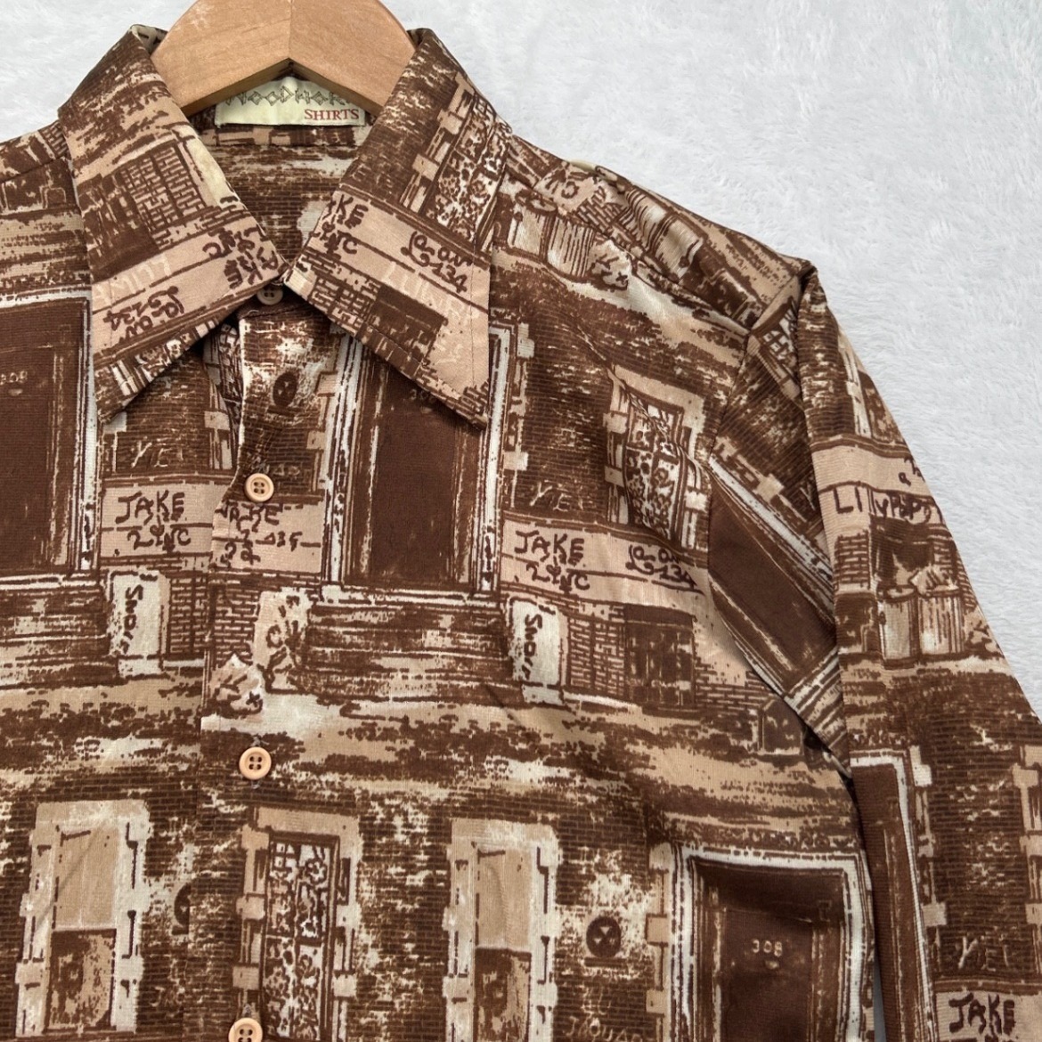 Vintage Woodwork Shirts Mens Button Down M Brown 1970s Novelty Print Disco Boho